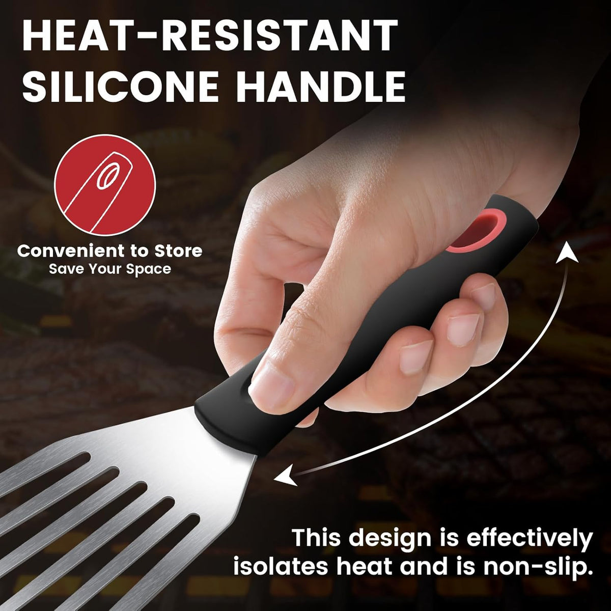 Silicone Fish Spatula, Heat Resistant Silicone Edge for Nonstick Cookware, Fish Turner for Kitchen Use, Flexible and Thin Stainless Steel Cooking utensils, Perfect Slotted Spatula for Egg, Pancake