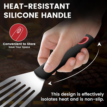 Silicone Fish Spatula, Heat Resistant Silicone Edge for Nonstick Cookware, Fish Turner for Kitchen Use, Flexible and Thin Stainless Steel Cooking utensils, Perfect Slotted Spatula for Egg, Pancake