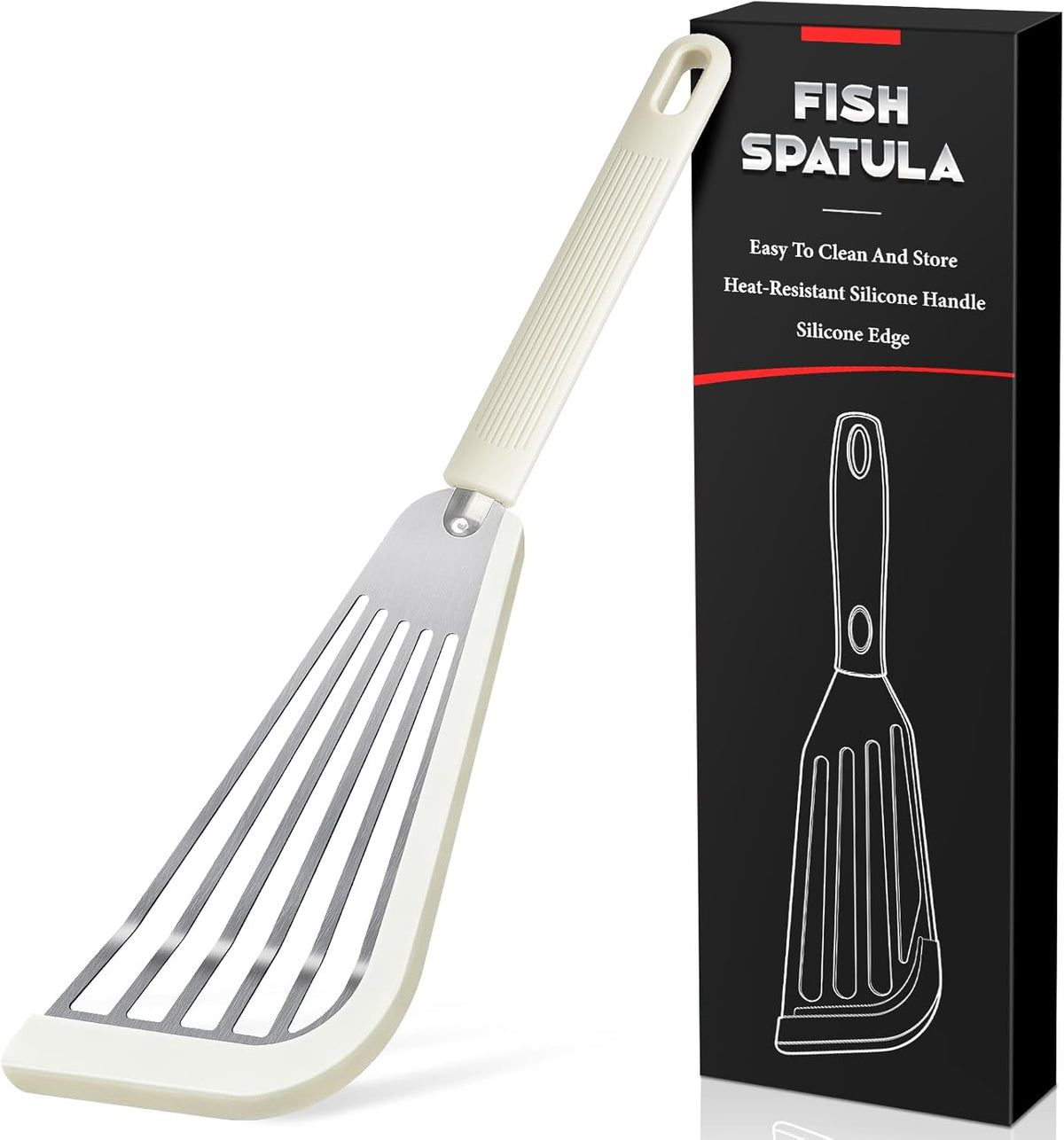Silicone Fish Spatula, Heat Resistant Silicone Edge for Nonstick Cookware, Fish Turner for Kitchen Use, Flexible and Thin Stainless Steel Cooking utensils, Perfect Slotted Spatula for Egg, Pancake