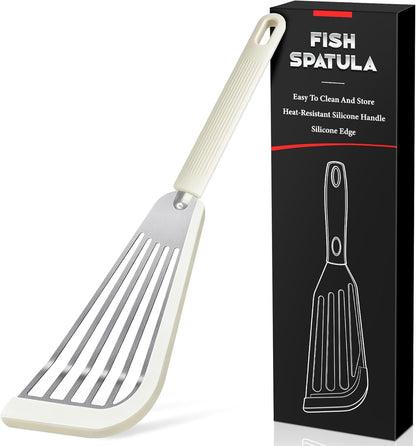 Silicone Fish Spatula, Heat Resistant Silicone Edge for Nonstick Cookware, Fish Turner for Kitchen Use, Flexible and Thin Stainless Steel Cooking utensils, Perfect Slotted Spatula for Egg, Pancake