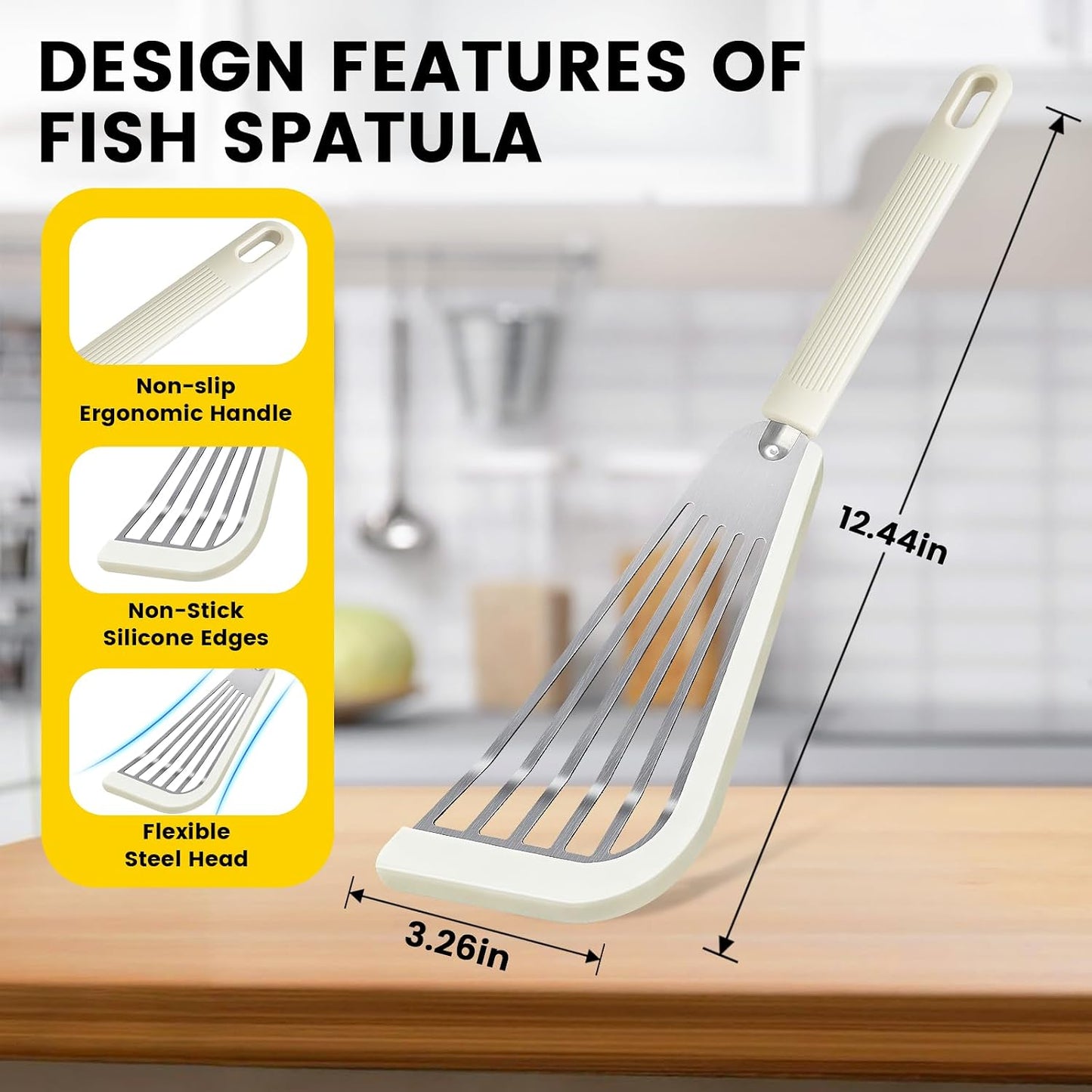 Silicone Fish Spatula, Heat Resistant Silicone Edge for Nonstick Cookware, Fish Turner for Kitchen Use, Flexible and Thin Stainless Steel Cooking utensils, Perfect Slotted Spatula for Egg, Pancake