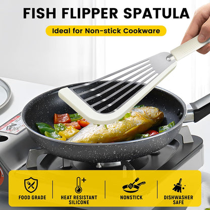 Silicone Fish Spatula, Heat Resistant Silicone Edge for Nonstick Cookware, Fish Turner for Kitchen Use, Flexible and Thin Stainless Steel Cooking utensils, Perfect Slotted Spatula for Egg, Pancake