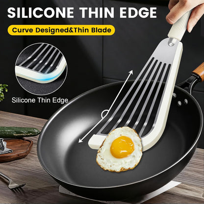 Silicone Fish Spatula, Heat Resistant Silicone Edge for Nonstick Cookware, Fish Turner for Kitchen Use, Flexible and Thin Stainless Steel Cooking utensils, Perfect Slotted Spatula for Egg, Pancake