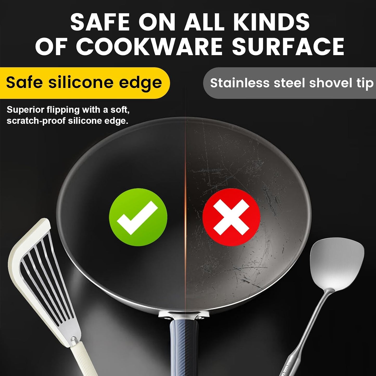 Silicone Fish Spatula, Heat Resistant Silicone Edge for Nonstick Cookware, Fish Turner for Kitchen Use, Flexible and Thin Stainless Steel Cooking utensils, Perfect Slotted Spatula for Egg, Pancake