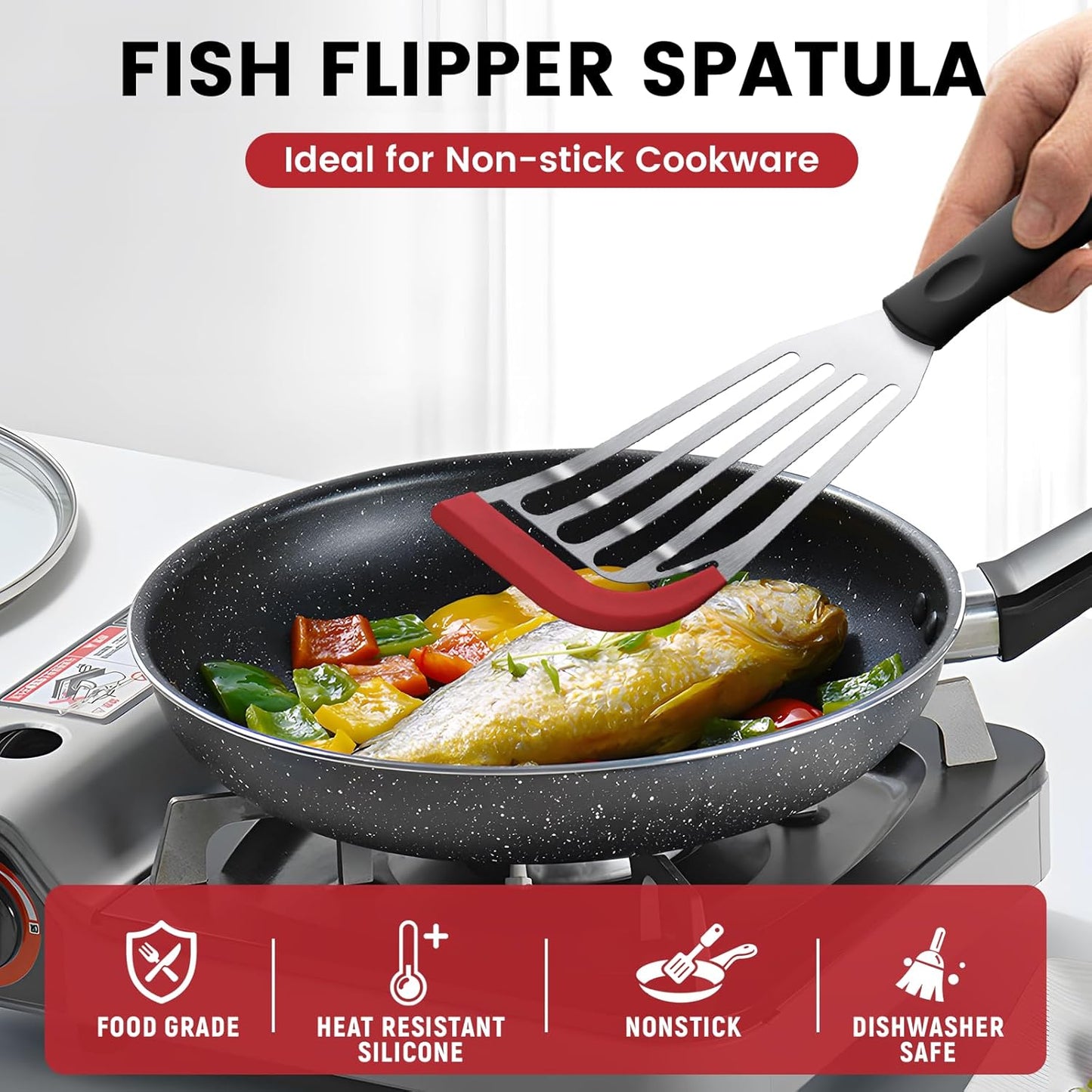 Silicone Fish Spatula, Heat Resistant Silicone Edge for Nonstick Cookware, Fish Turner for Kitchen Use, Flexible and Thin Stainless Steel Cooking utensils, Perfect Slotted Spatula for Egg, Pancake