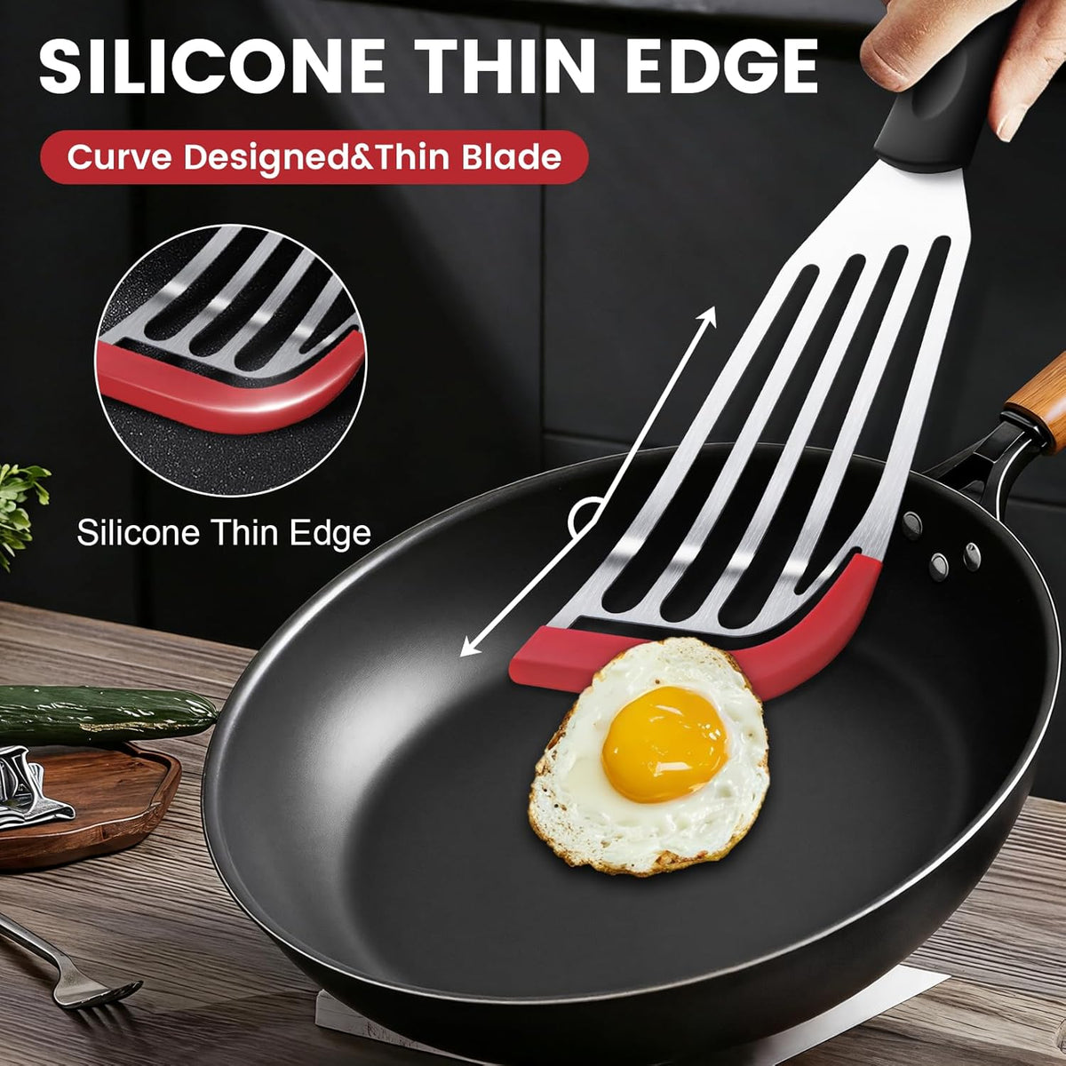 Silicone Fish Spatula, Heat Resistant Silicone Edge for Nonstick Cookware, Fish Turner for Kitchen Use, Flexible and Thin Stainless Steel Cooking utensils, Perfect Slotted Spatula for Egg, Pancake