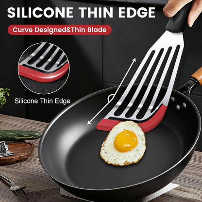 Silicone Fish Spatula, Heat Resistant Silicone Edge for Nonstick Cookware, Fish Turner for Kitchen Use, Flexible and Thin Stainless Steel Cooking utensils, Perfect Slotted Spatula for Egg, Pancake