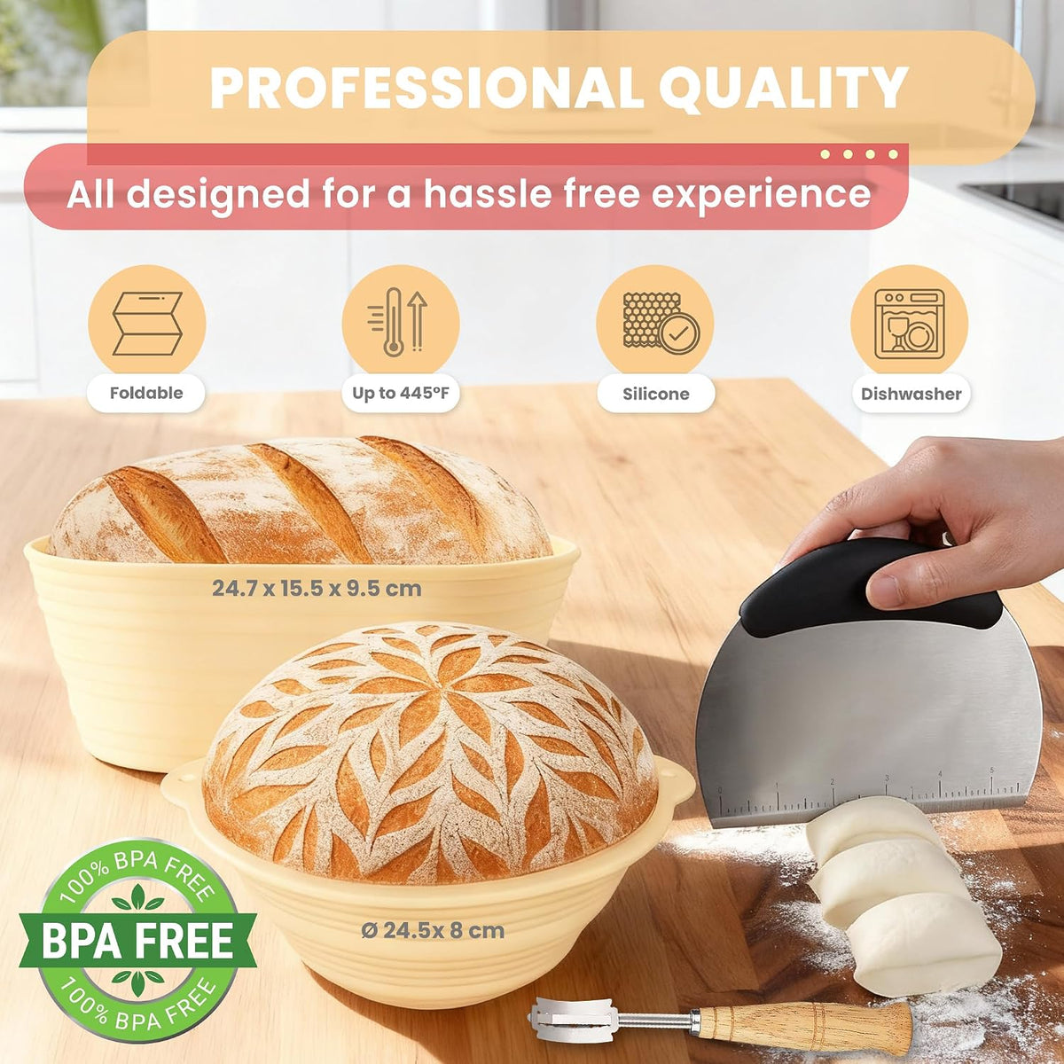 Complete Sourdough Starter Kit, Sourdough bread baking supplies, Great Gift Beginners Bread Makers 24oz Fermentation Jar 9" and 10" Silicone Banneton Bread Proofing Basket, sour dough Whisk,18 in 1