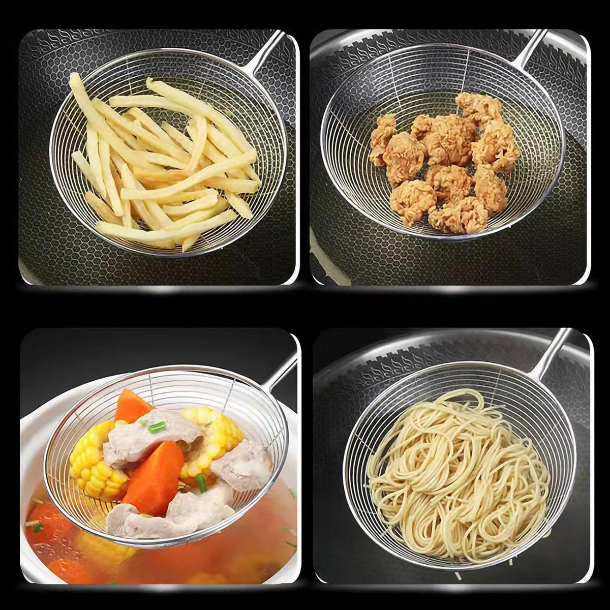 Spider Strainer Skimmer Spoon - 5.4 Inch Stainless Steel Mesh & Wooden Handle - for Deep Frying, Pasta, Stir Fry, Hot Pot, Tempura - Easy Drain Kitchen Utensil