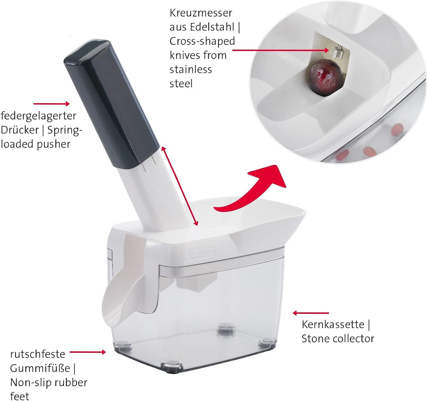 Cherry Stoner Pitter, Stainless Steel plunger Comes with Waste Container, Stones Cherries Ready For Cakes and Preserves