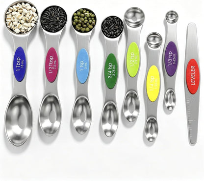 Magnetic Measuring Spoons Set Stainless Steel with Leveler, 8pcs Multicolors Measuring Cups Set for Baking, Measuring Cups and Spoon Set Kitchen Gadgets Apartment Essentials Fits in Spice Jars