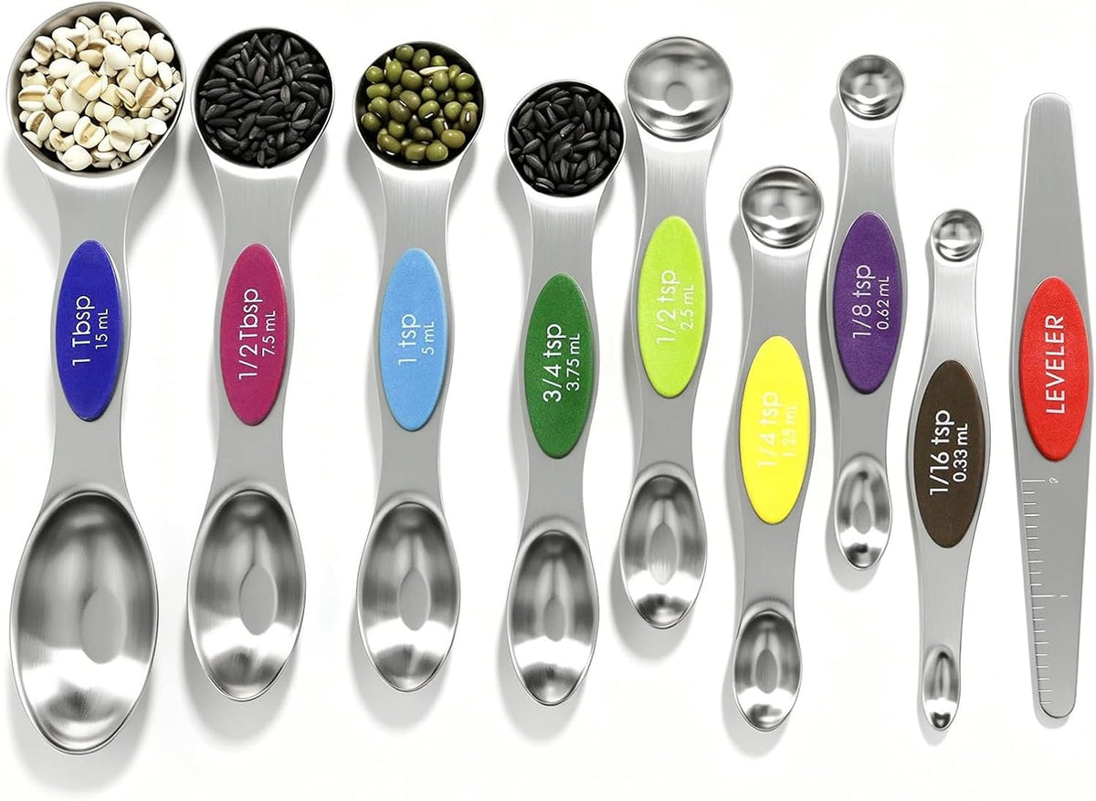 Magnetic Measuring Spoons Set Stainless Steel with Leveler, 8pcs Multicolors Measuring Cups Set for Baking, Measuring Cups and Spoon Set Kitchen Gadgets Apartment Essentials Fits in Spice Jars