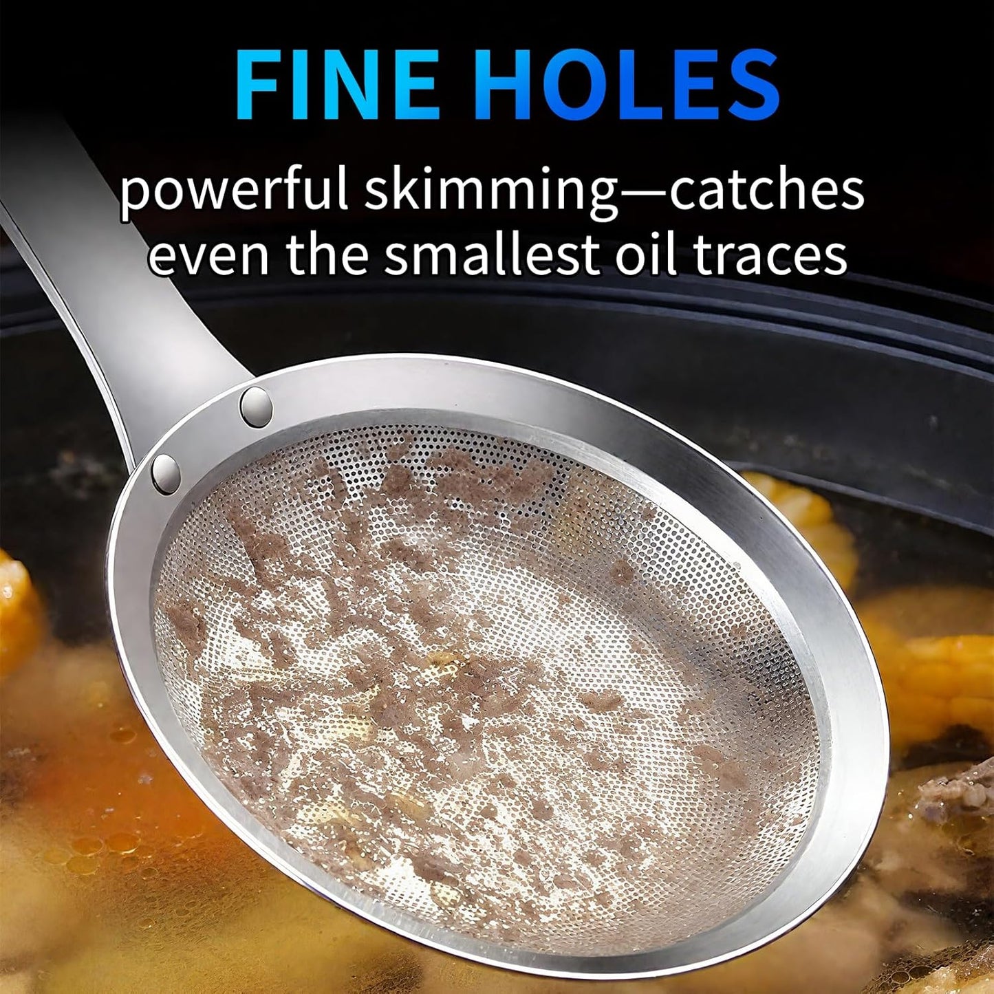 Multi-functional Hot Pot Fat Skimmer Spoon - Stainless Steel Fine Mesh Food Strainer for Skimming Grease and Foam DIA 3.1"