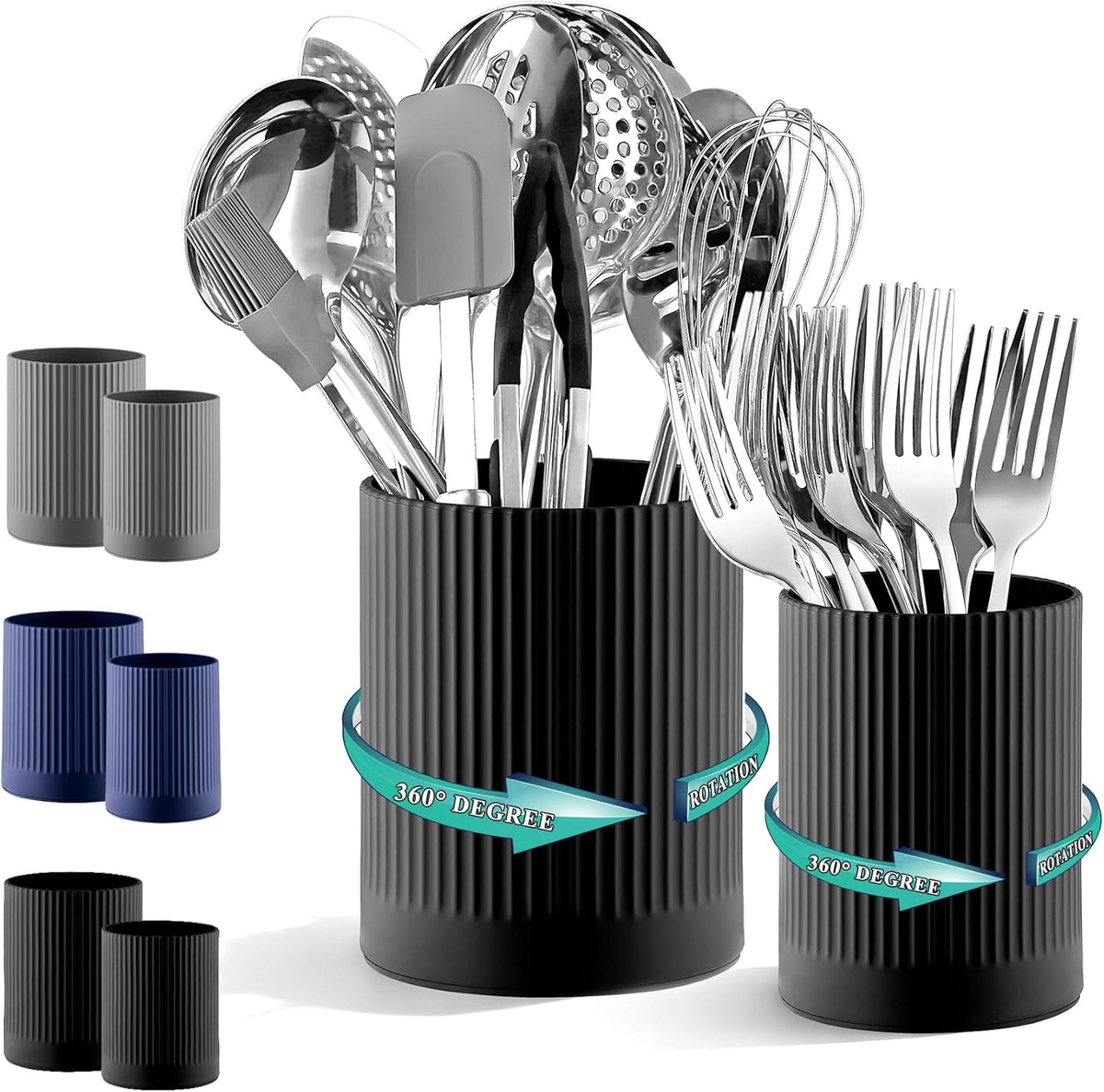 Cooking Utensils Holder 2pcs, 360° Rotating Heavy Duty Plastic Kitchen Utensil Holder for Countertop, The Small Utensil Crock for Cutlery Silverware, Tooth Brush, Desk Pencil Pen