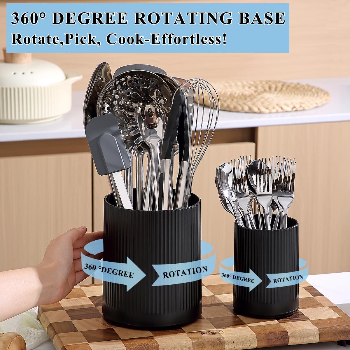 Cooking Utensils Holder 2pcs, 360° Rotating Heavy Duty Plastic Kitchen Utensil Holder for Countertop, The Small Utensil Crock for Cutlery Silverware, Tooth Brush, Desk Pencil Pen