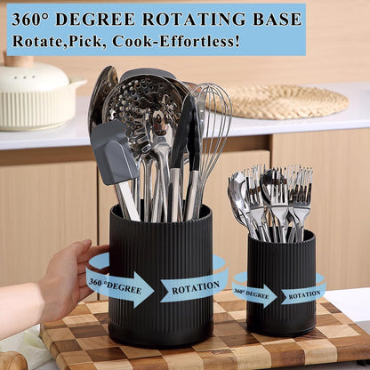 Cooking Utensils Holder 2pcs, 360° Rotating Heavy Duty Plastic Kitchen Utensil Holder for Countertop, The Small Utensil Crock for Cutlery Silverware, Tooth Brush, Desk Pencil Pen