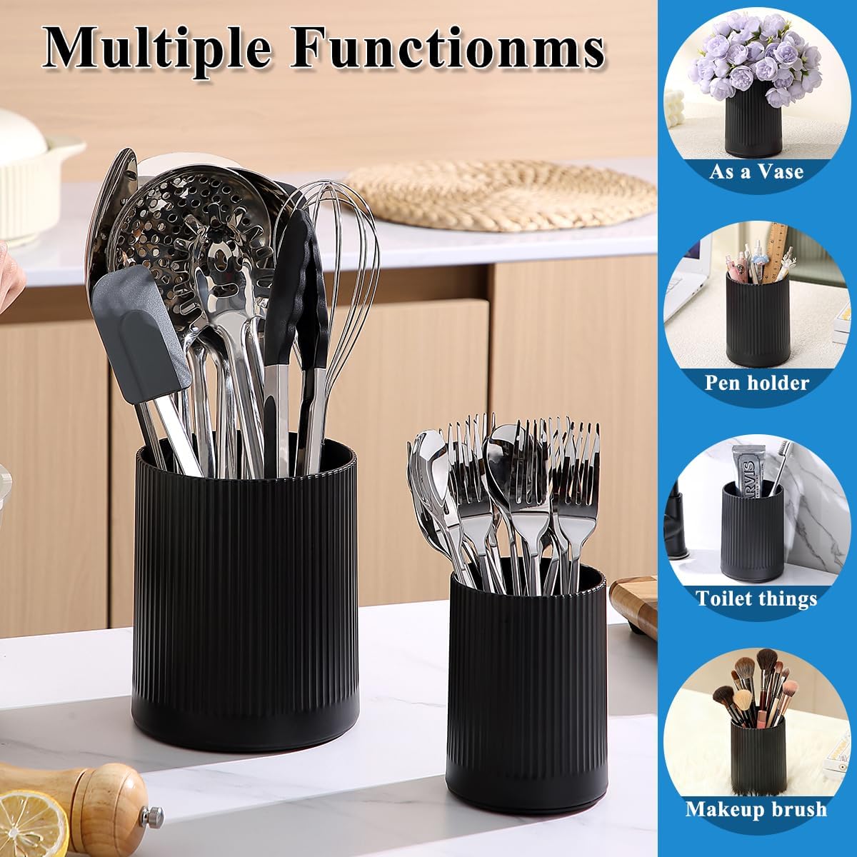 Cooking Utensils Holder 2pcs, 360° Rotating Heavy Duty Plastic Kitchen Utensil Holder for Countertop, The Small Utensil Crock for Cutlery Silverware, Tooth Brush, Desk Pencil Pen