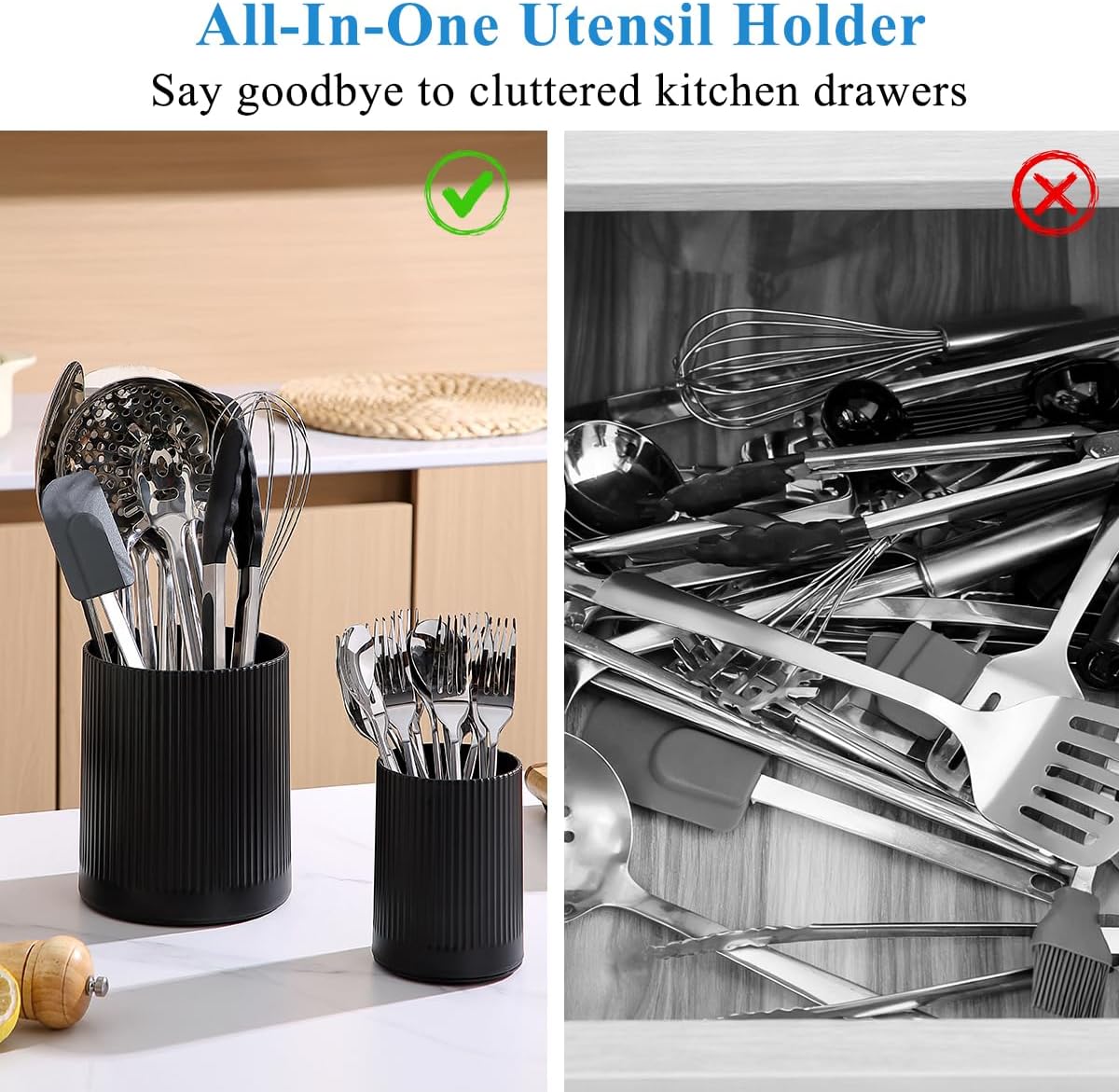 Cooking Utensils Holder 2pcs, 360° Rotating Heavy Duty Plastic Kitchen Utensil Holder for Countertop, The Small Utensil Crock for Cutlery Silverware, Tooth Brush, Desk Pencil Pen