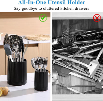 Cooking Utensils Holder 2pcs, 360° Rotating Heavy Duty Plastic Kitchen Utensil Holder for Countertop, The Small Utensil Crock for Cutlery Silverware, Tooth Brush, Desk Pencil Pen