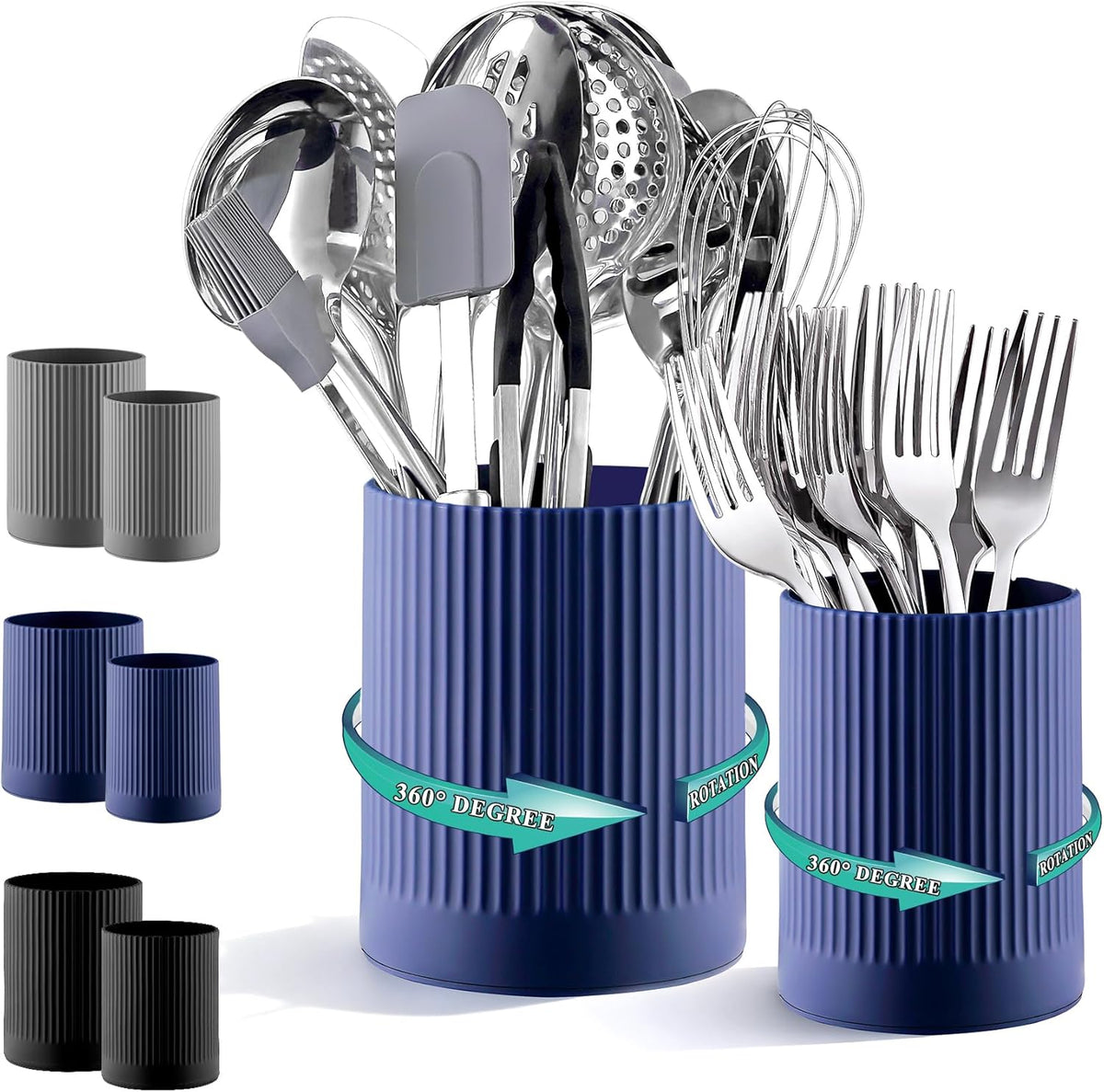 Cooking Utensils Holder 2pcs, 360° Rotating Heavy Duty Plastic Kitchen Utensil Holder for Countertop, The Small Utensil Crock for Cutlery Silverware, Tooth Brush, Desk Pencil Pen