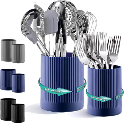 Cooking Utensils Holder 2pcs, 360° Rotating Heavy Duty Plastic Kitchen Utensil Holder for Countertop, The Small Utensil Crock for Cutlery Silverware, Tooth Brush, Desk Pencil Pen