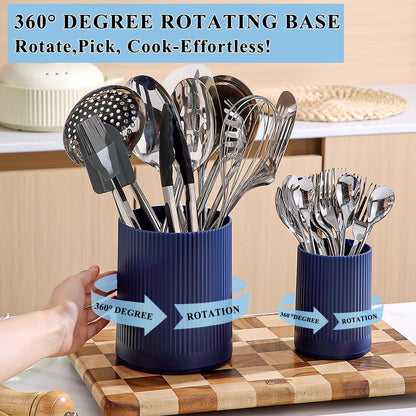 Cooking Utensils Holder 2pcs, 360° Rotating Heavy Duty Plastic Kitchen Utensil Holder for Countertop, The Small Utensil Crock for Cutlery Silverware, Tooth Brush, Desk Pencil Pen