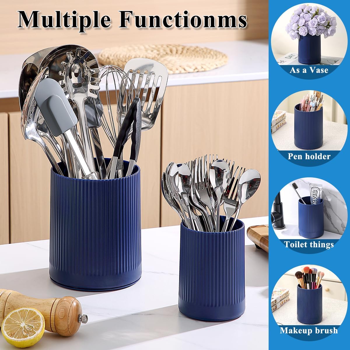 Cooking Utensils Holder 2pcs, 360° Rotating Heavy Duty Plastic Kitchen Utensil Holder for Countertop, The Small Utensil Crock for Cutlery Silverware, Tooth Brush, Desk Pencil Pen