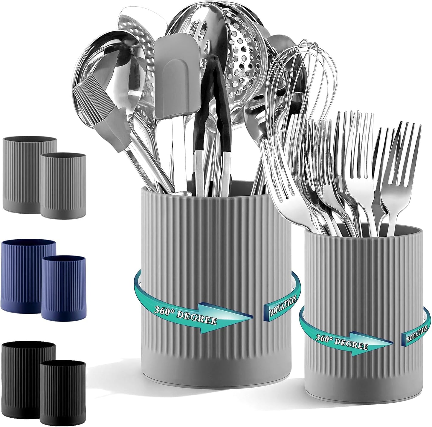 Cooking Utensils Holder 2pcs, 360° Rotating Heavy Duty Plastic Kitchen Utensil Holder for Countertop, The Small Utensil Crock for Cutlery Silverware, Tooth Brush, Desk Pencil Pen
