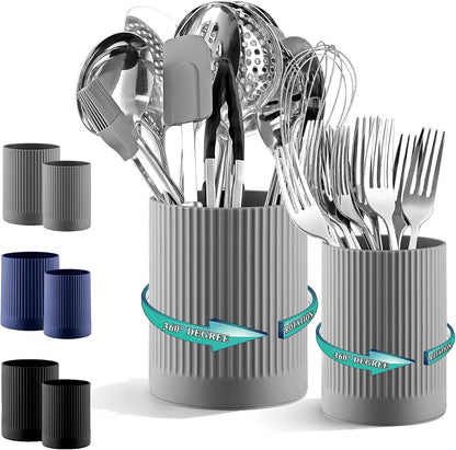 Cooking Utensils Holder 2pcs, 360° Rotating Heavy Duty Plastic Kitchen Utensil Holder for Countertop, The Small Utensil Crock for Cutlery Silverware, Tooth Brush, Desk Pencil Pen