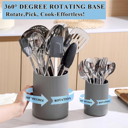 Cooking Utensils Holder 2pcs, 360° Rotating Heavy Duty Plastic Kitchen Utensil Holder for Countertop, The Small Utensil Crock for Cutlery Silverware, Tooth Brush, Desk Pencil Pen