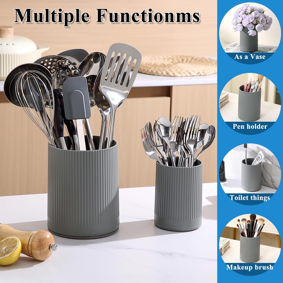 Cooking Utensils Holder 2pcs, 360° Rotating Heavy Duty Plastic Kitchen Utensil Holder for Countertop, The Small Utensil Crock for Cutlery Silverware, Tooth Brush, Desk Pencil Pen