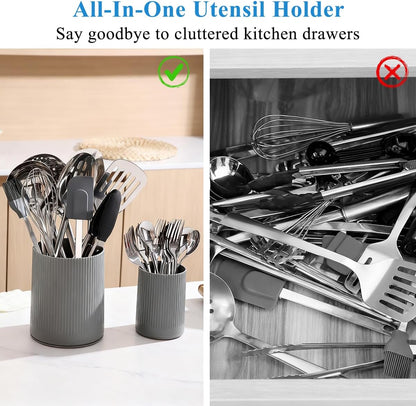 Cooking Utensils Holder 2pcs, 360° Rotating Heavy Duty Plastic Kitchen Utensil Holder for Countertop, The Small Utensil Crock for Cutlery Silverware, Tooth Brush, Desk Pencil Pen