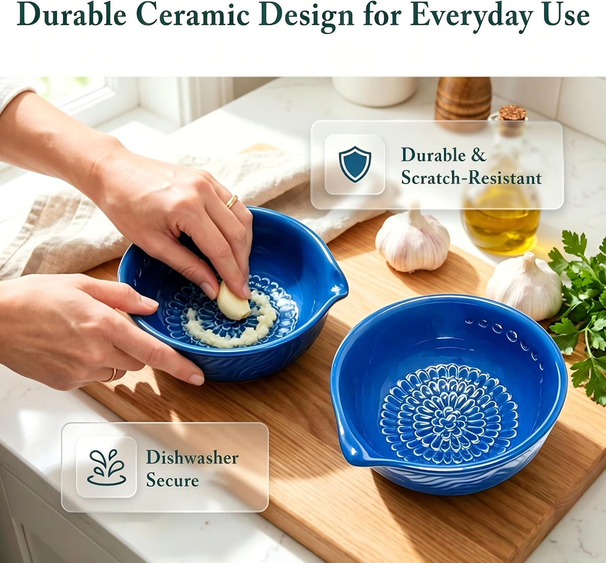 Ceramic Grater Bowl with Herb Stripper, Garlic Ginger Grinder