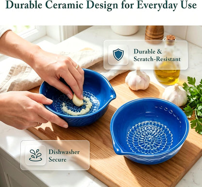 Ceramic Grater Bowl with Herb Stripper, Garlic Ginger Grinder