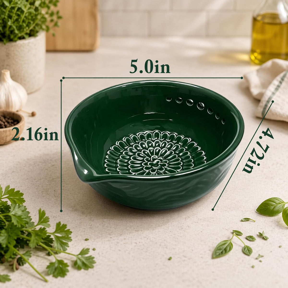 Ceramic Grater Bowl with Herb Stripper, Garlic Ginger Grinder