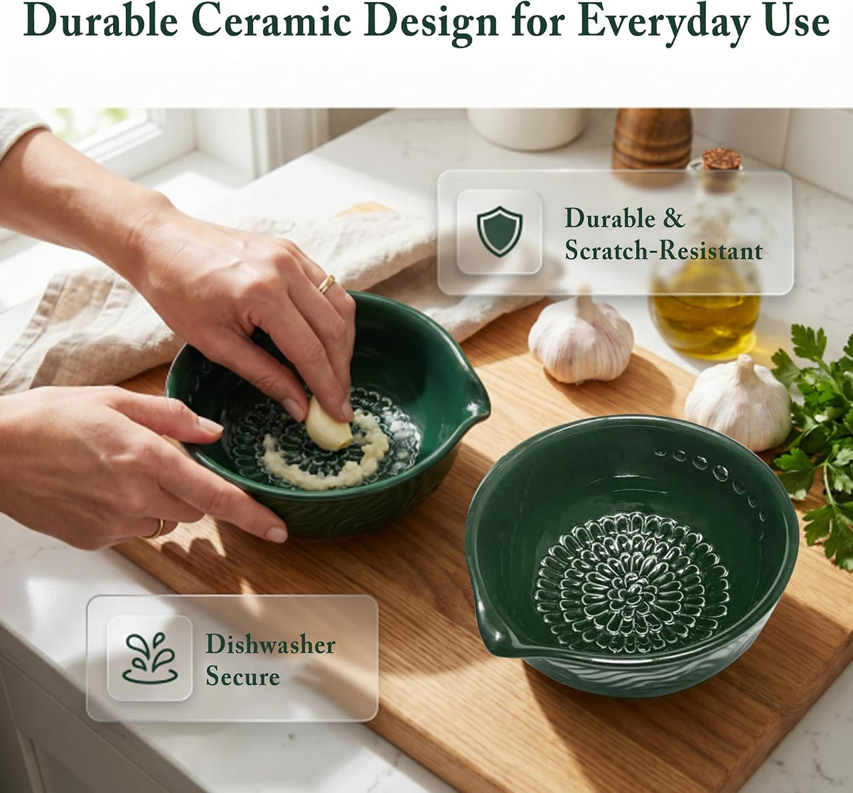 Ceramic Grater Bowl with Herb Stripper, Garlic Ginger Grinder