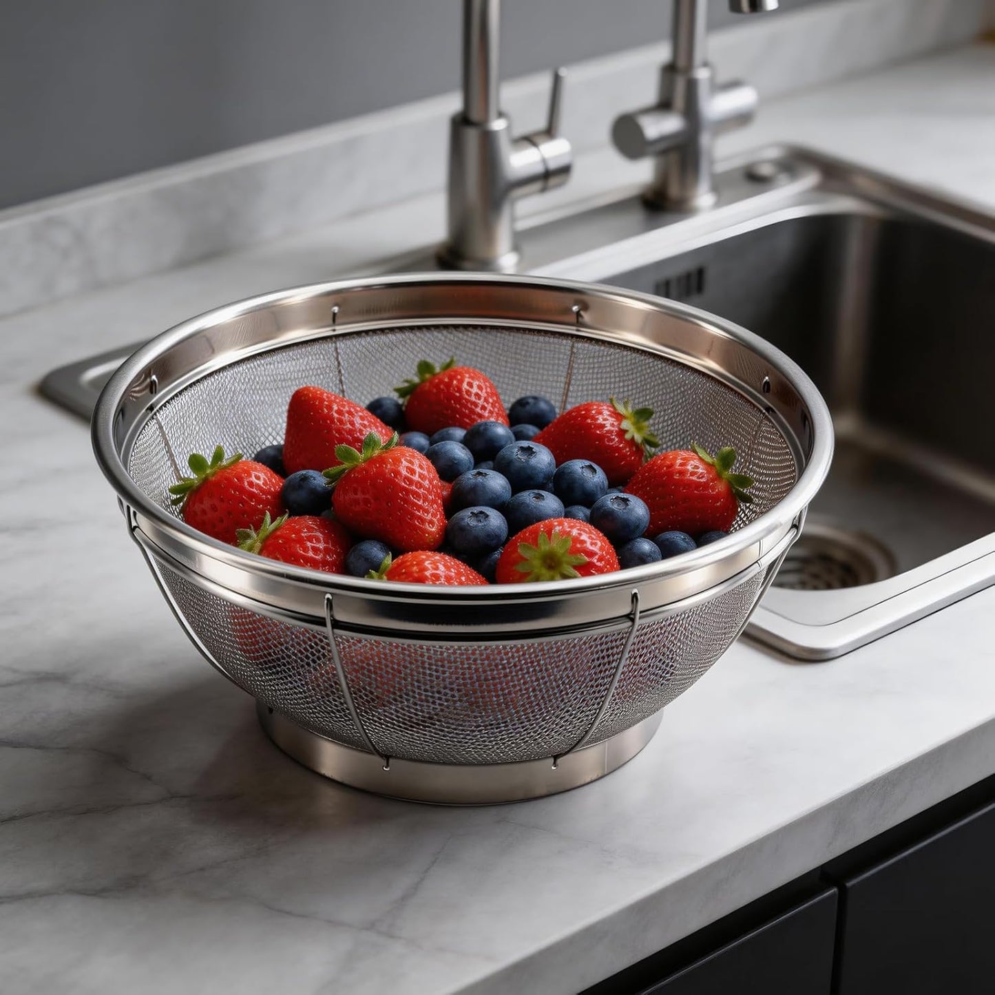 Fine Mesh Strainer for Kitchen, 4 Quart Stainless Steel Colander Bowl | Idea for Pasta, Rice, Fruit, Metal Net Baskets with Resting Base - Strain, Drain, Rinse