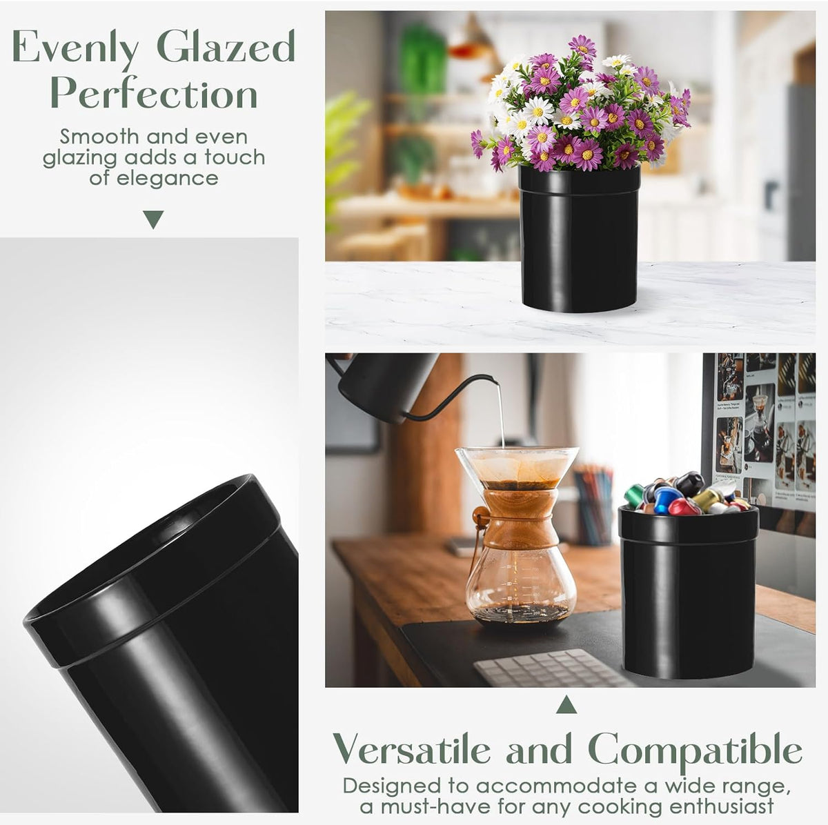 Ceramic Utensil Holder, Large Kitchen Crock Pure Black | Utensil Crock Large Utensils Holder for Kitchen Decor, Cooking Tool Utensils Caddy for Countertop