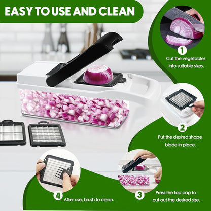 Vegetable Chopper, 10 Blades Slicer Onion Dicer, Multi 23-in-1 Veggie Mandoline Food Cutter for Tomato Fruit, Vegetable cutter with Hand Protector, Egg Separator & Slicer, Container（Black）