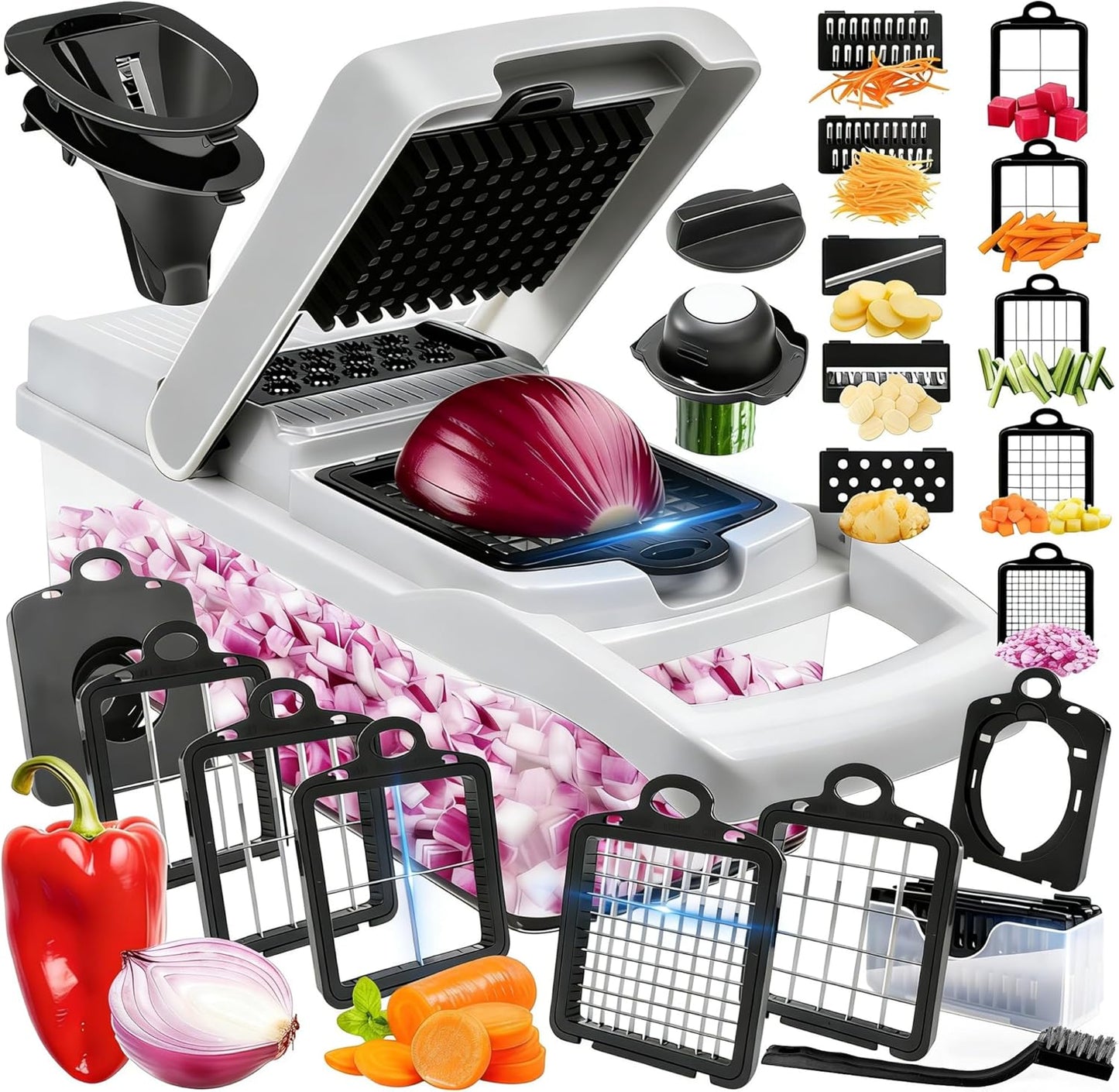 Vegetable Chopper, 10 Blades Slicer Onion Dicer, Multi 23-in-1 Veggie Mandoline Food Cutter for Tomato Fruit, Vegetable cutter with Hand Protector, Egg Separator & Slicer, Container（Black）