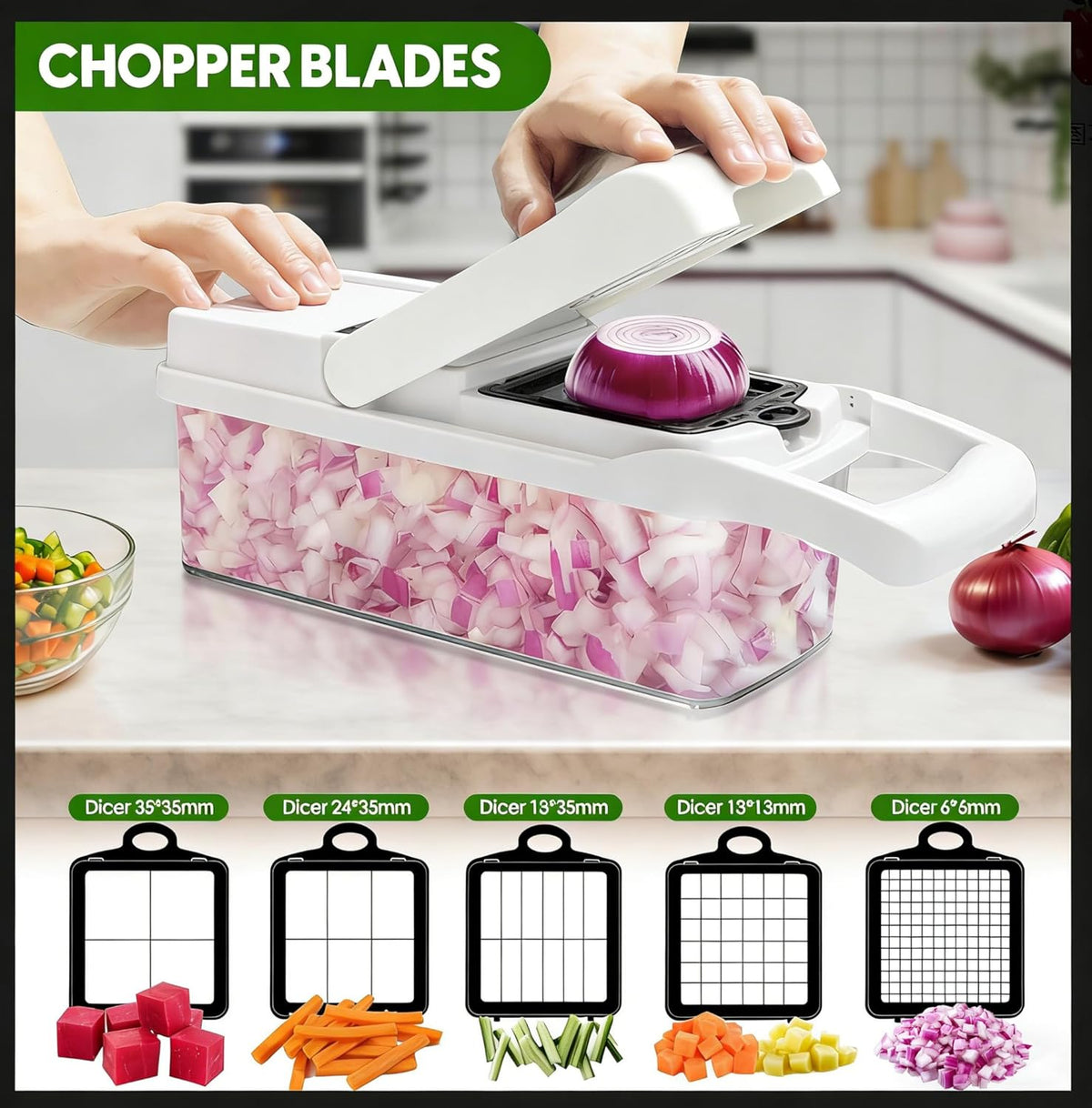 Vegetable Chopper, 10 Blades Slicer Onion Dicer, Multi 23-in-1 Veggie Mandoline Food Cutter for Tomato Fruit, Vegetable cutter with Hand Protector, Egg Separator & Slicer, Container（Black）