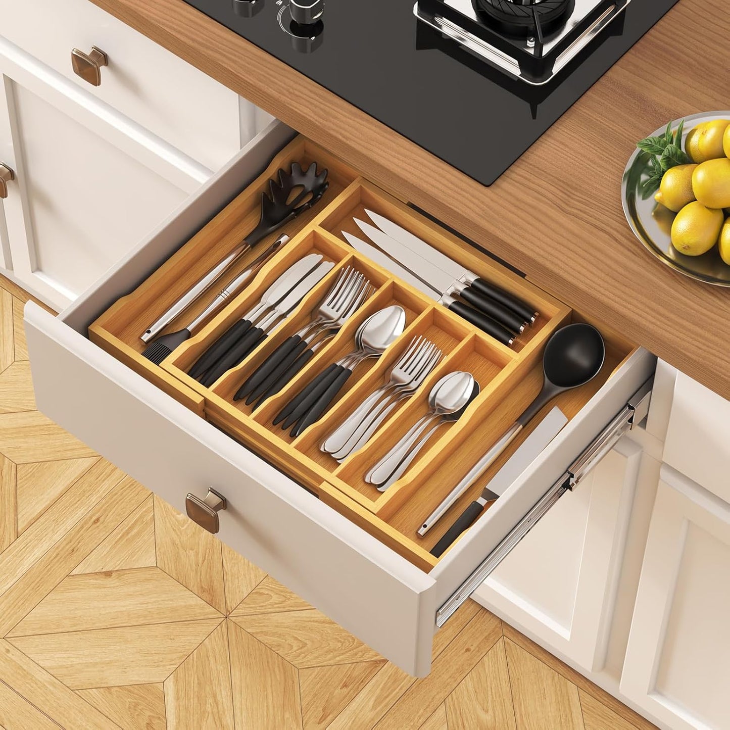 Silverware Drawer Organizer, Expandable Utensil Tray for Kitchen, Flatware and Cutlery Holder, Wood Adjustable Storage for Spoons Forks Knives, 13-22x15/ 33-56x38cm, Natural
