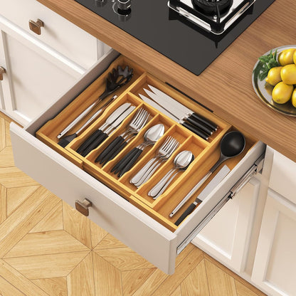 Silverware Drawer Organizer, Expandable Utensil Tray for Kitchen, Flatware and Cutlery Holder, Wood Adjustable Storage for Spoons Forks Knives, 13-22x15/ 33-56x38cm, Natural