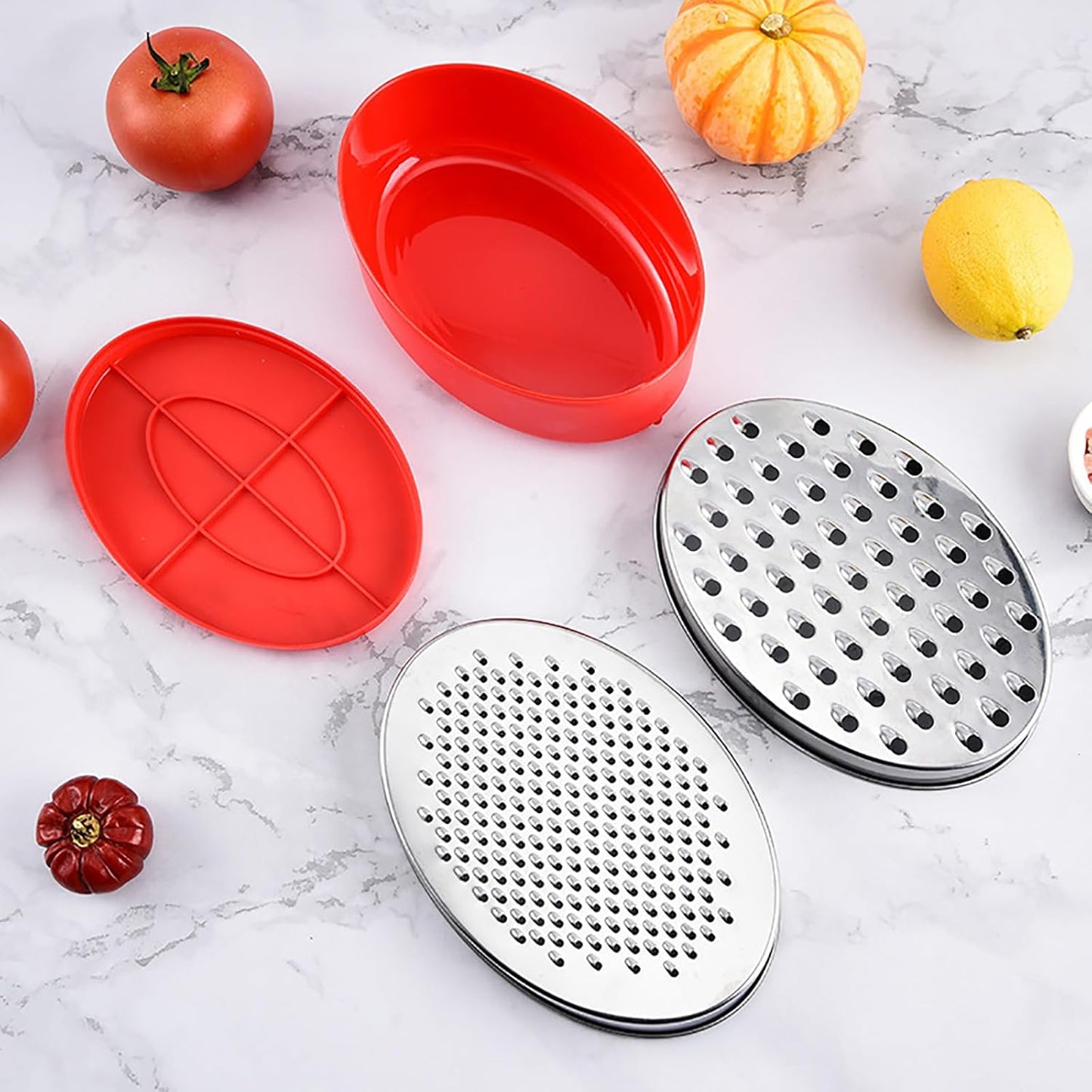 Stainless Steel Cheese Grater with Airtight Storage Container - Box Grater for Kitchen, Shredder for Parmesan, Cheddar, Vegetables, Chocolate, Nutmeg - Includes Lemon for Citrus, Ginger, Butter