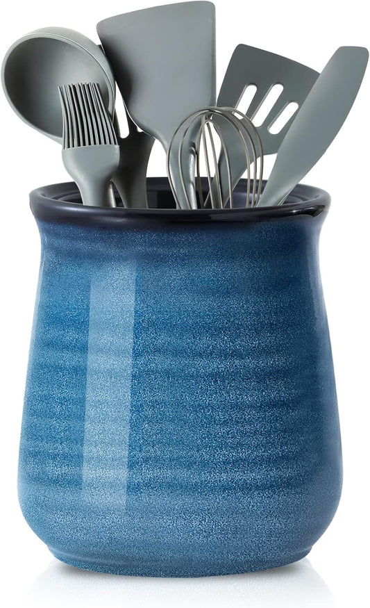Extra Large Ceramic Utensil Holder Crock for Kitchen Counter, 7.1” x 5.9” Vintage Farmhouse Blue Caddy, Rustic Kitchen Utensil Organizer for Spatulas, Spoons & Cooking Tools