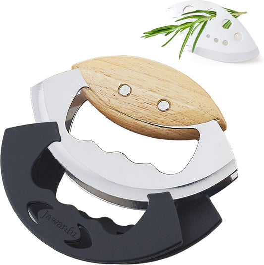 Salad Chopper Tools, Finely Chopped Salad Mezzaluna Knife | Ultra-Sharp Double Stainless Steel Blades , Comfortable Wood Handle, Protective Cover, Handheld Salad Cutter