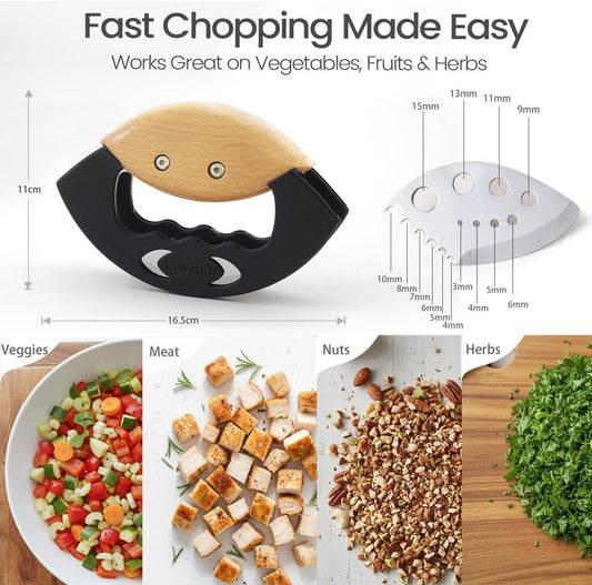 Salad Chopper Tools, Finely Chopped Salad Mezzaluna Knife | Ultra-Sharp Double Stainless Steel Blades , Comfortable Wood Handle, Protective Cover, Handheld Salad Cutter