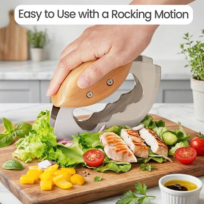 Salad Chopper Tools, Finely Chopped Salad Mezzaluna Knife | Ultra-Sharp Double Stainless Steel Blades , Comfortable Wood Handle, Protective Cover, Handheld Salad Cutter