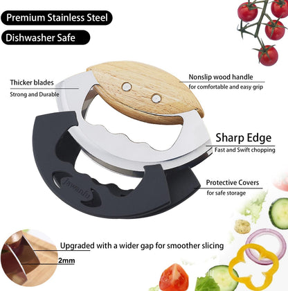 Salad Chopper Tools, Finely Chopped Salad Mezzaluna Knife | Ultra-Sharp Double Stainless Steel Blades , Comfortable Wood Handle, Protective Cover, Handheld Salad Cutter
