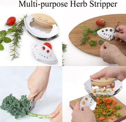 Salad Chopper Tools, Finely Chopped Salad Mezzaluna Knife | Ultra-Sharp Double Stainless Steel Blades , Comfortable Wood Handle, Protective Cover, Handheld Salad Cutter